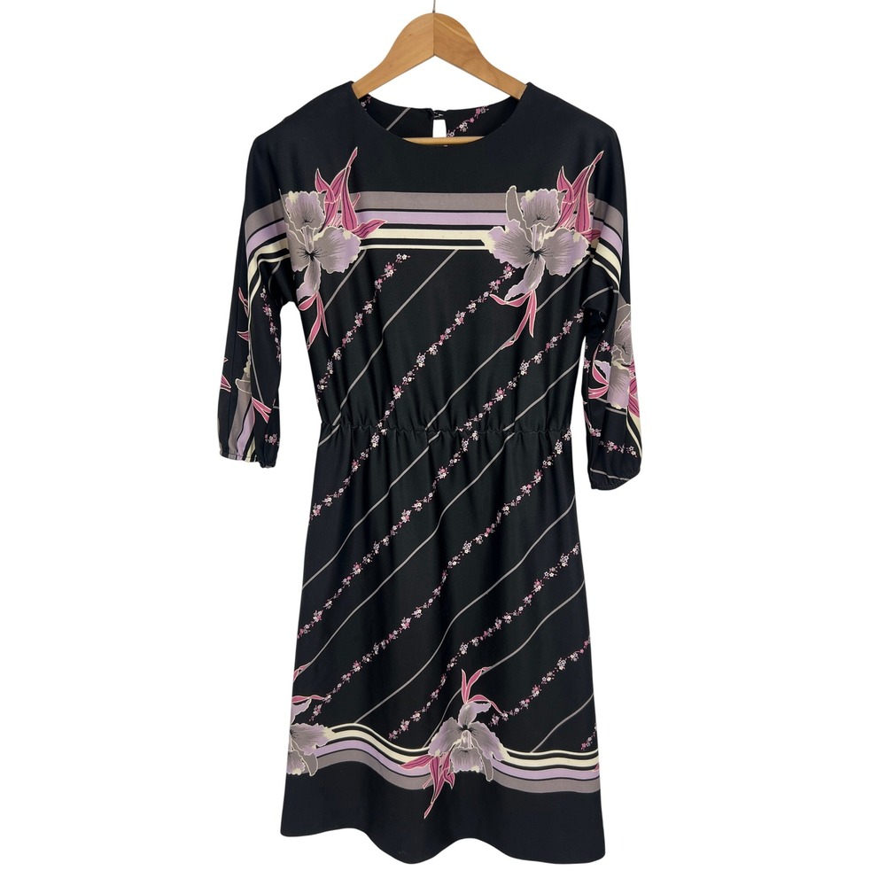 Vintage Avon Fashions Floral Striped Midi Dress Black Pink Purple 7/8 FFA-17782